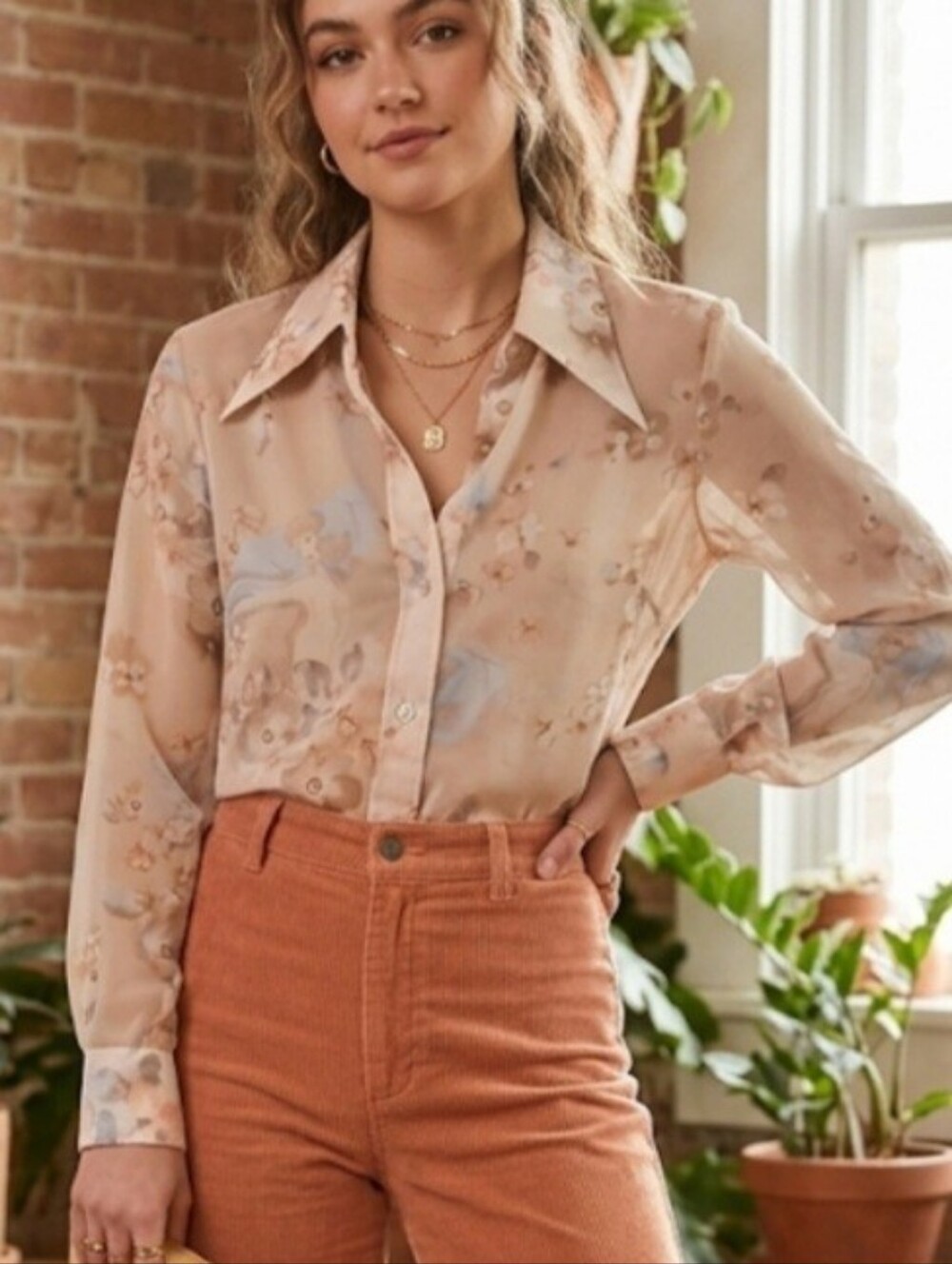 Vintage Floral Long Sleeve Button Front Top 70's Pointed Collar